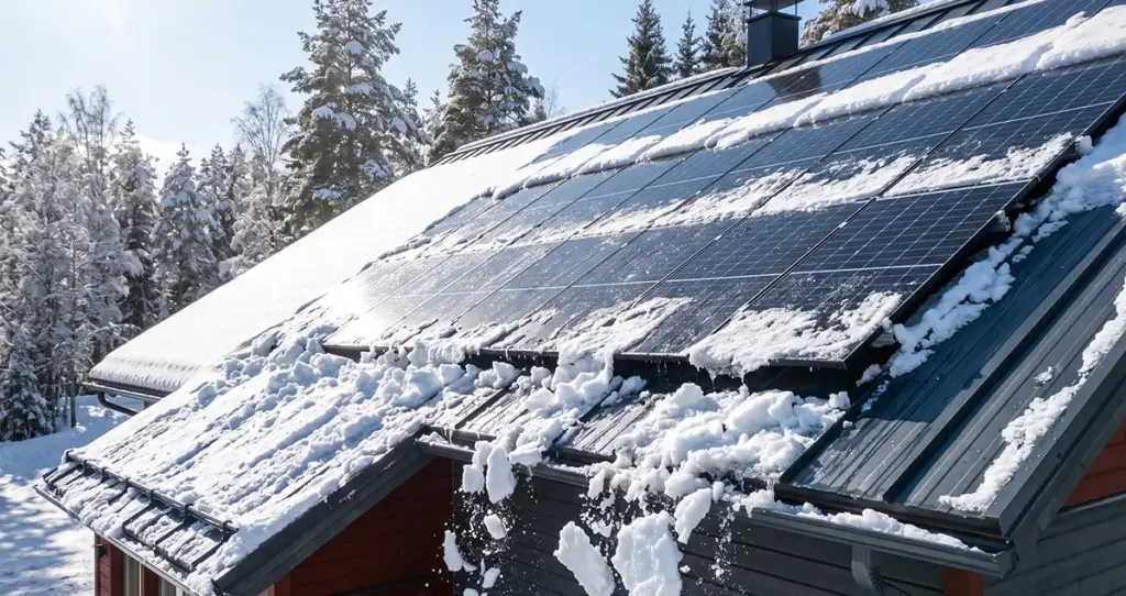 Sulava lumi on valunut aurinkopaneelien alareunaan keväällä