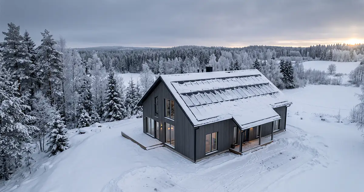 Aurinkopaneelit talvella Pohjois-Savossa Lumiset aurinkopaneelit omakotitalon katolla talvella Pohjois-Savossa