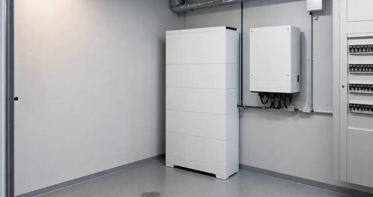 Kotiakku ja hybridi-invertteri asennettuna tekniseen tilaan Kotiakku ja hybridi-invertteri asennettuna omakotitalon tekniseen tilaan
