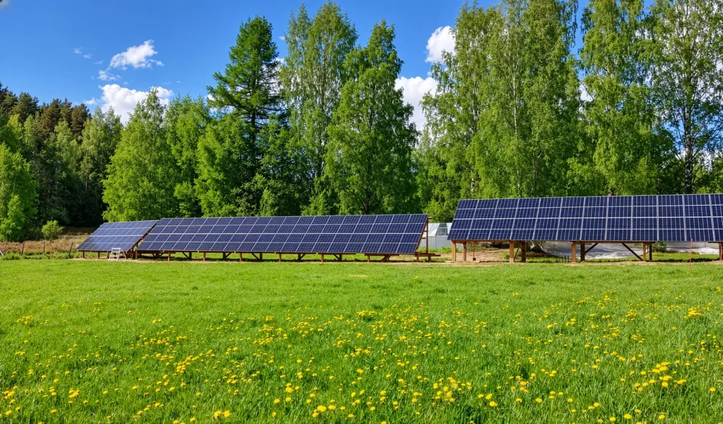 Aurinkopaneelijärjestelmä maatilalla maahan asennettuna