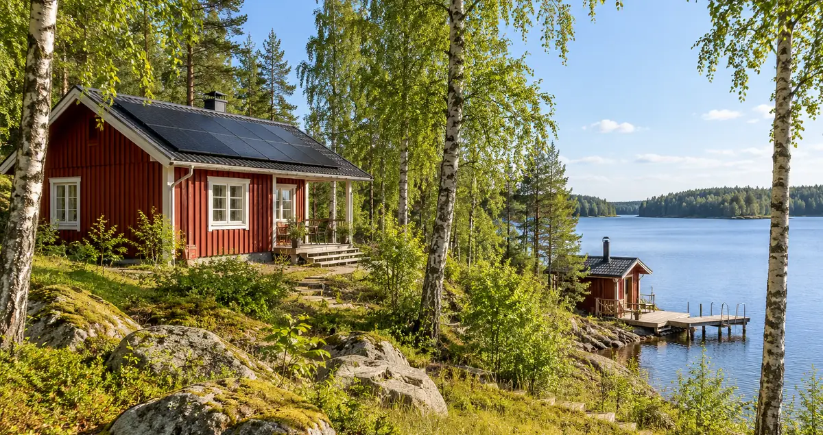 Aurinkopaneelit mökille Aurinkopaneelit mökin katolla järven rannalla Pohjois-Savossa
