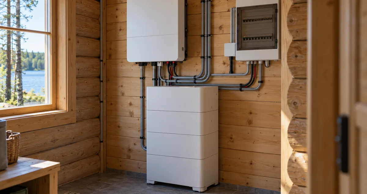 Off-grid-akusto ja invertteri sähköttömän mökin teknisessä tilassa